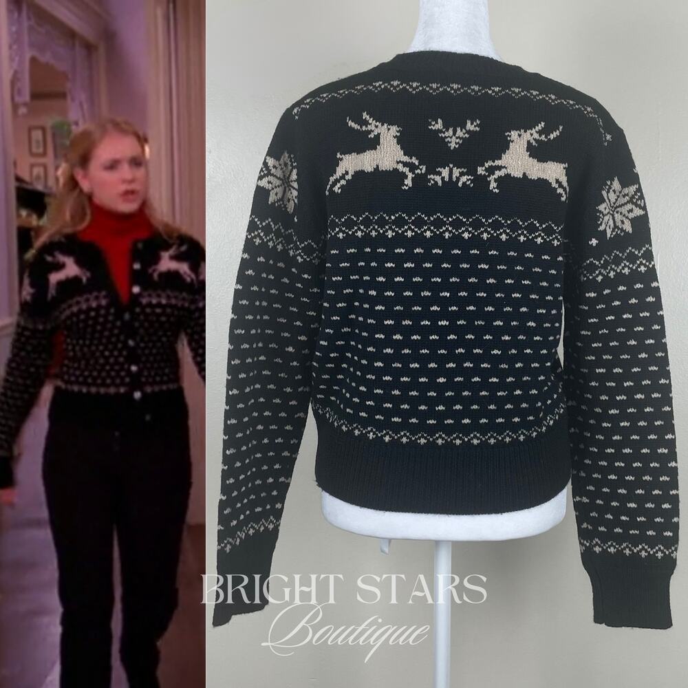 Rare Reindeer Cardigan ASO Sabrina The Teenage Witch Black Cream Vintage Holiday - Picture 2 of 11